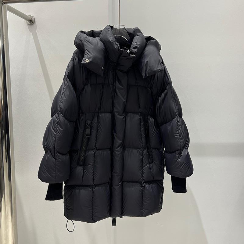 Womens Mid-Length Hooded Puffer Coat With 86-90% White Duck Down Warm Thick Winter Outerwear Loose Fit Elegant Commuter Style