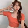 Women's Korean Square Collar Solid Short Sleeve Knitted Slim Pullover T-Shirt