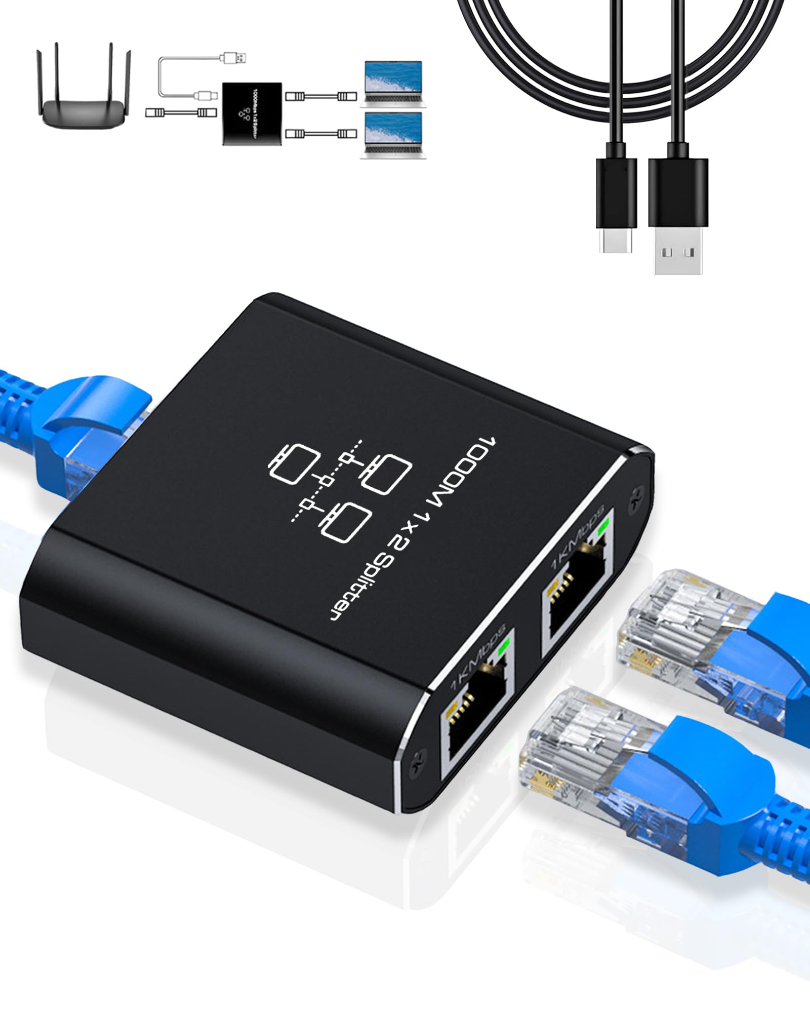 

LAN Splitter LAN Cable Branch RJ45 1000Mbps 1 Input 2 Output 2 Devices Simultaneous Use Cat5 Cat5e Cat6 Cat7 Cat8 Compatible Network Expansion чорний