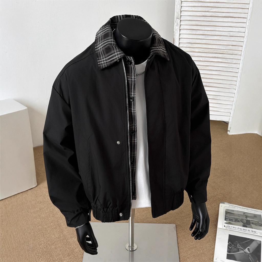 Vintage Vintage Checked Spliced Jacket Men's Autumn Maillard Fake Two-piece Jacket Lapel Short Baseball Jersey