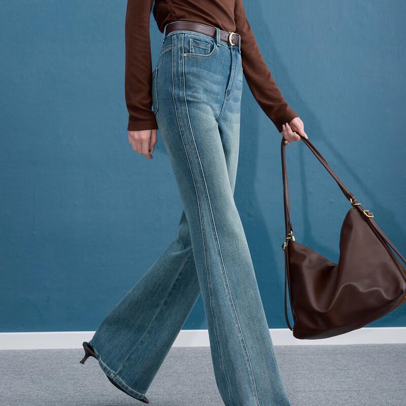 Sancai 2025 Autumn Retro High-Waist Washed Micro-Flare Jeans