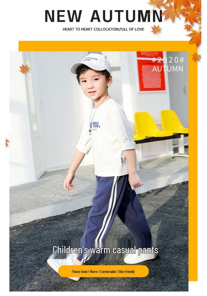 Unisex Kids' Double-Sided Fleece Casual Pants with Double Stripes for Fall/Winter