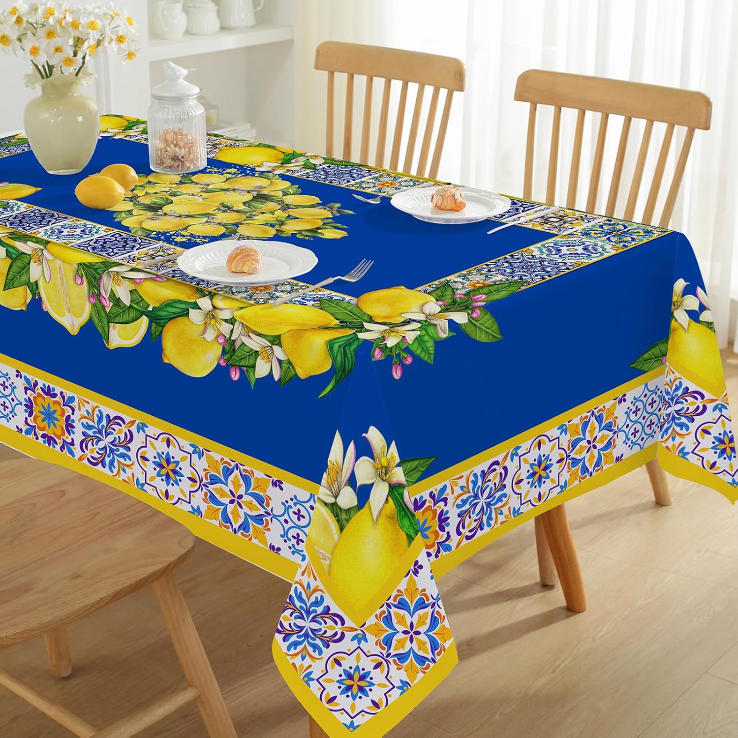 Couronne de fleurs du Jour de l'Indépendance Nappe rectangulaire imperméable Fleur étoile rouge bleue Drapeau USA Housse de table pour dîner cuisine 140x200cm