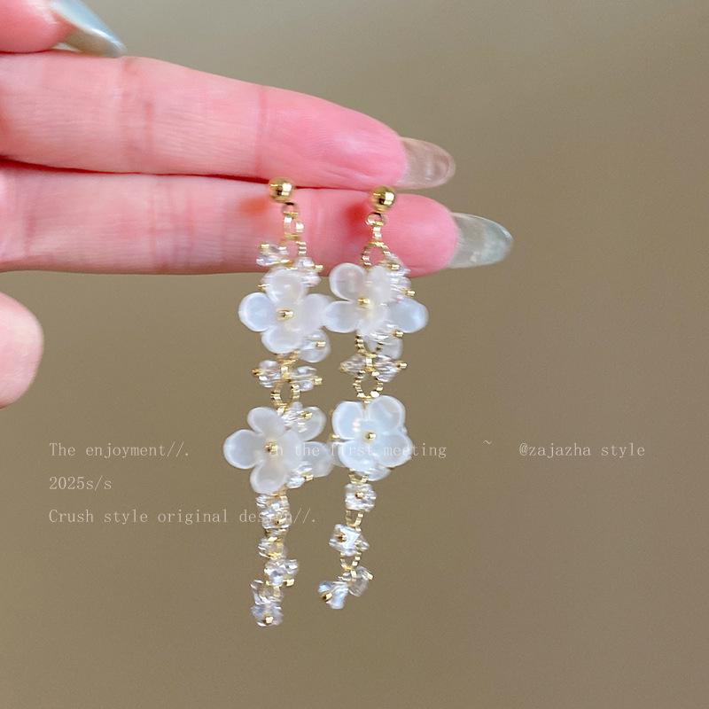 Mori Style Silver Needle Floral Glass Grape Tassel Earrings – Elegant High-End Design