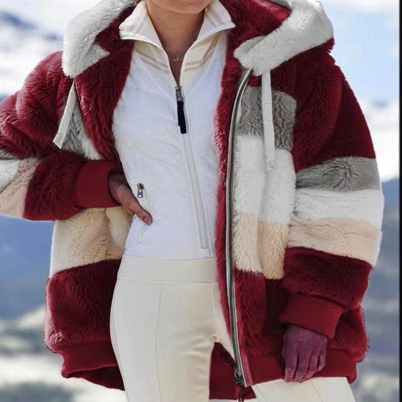 

Женская куртка с капюшоном, теплая плюшевая свободная куртка для женщин, лоскутная зимняя верхняя одежда, женская парка на молнии из искусственного меха, 9 цветов, куртка S-5XL XL вино красного
