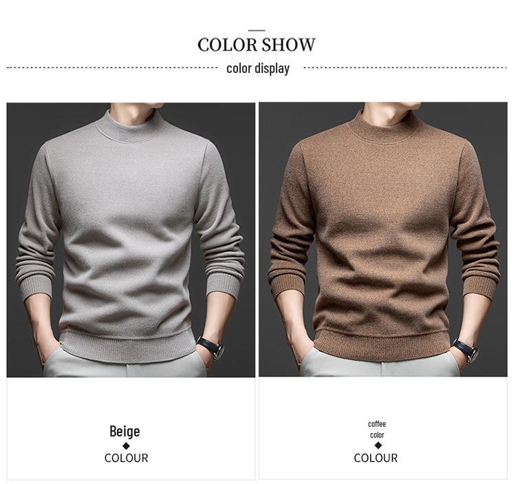 Men's Fleece-Lined Half-High Neck Sweater: Warm, Thick, Knitted Pullover for Autumn & Winter.