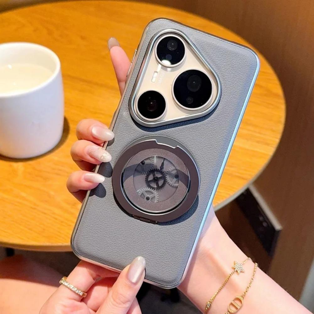 Huawei Pura 80 Ultra 80 Pro + Mate 70 Pro 60 Protect Cover Leather Plated Bezel Unzip Gear Metal Swivel Bracket Phone Case