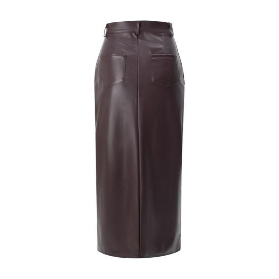 Faux Leather Maxi Skirt Solid Color High Waist Slit Hem Maxi Skirt Windproof Velvet Lining Straight Fit Long Skirt
