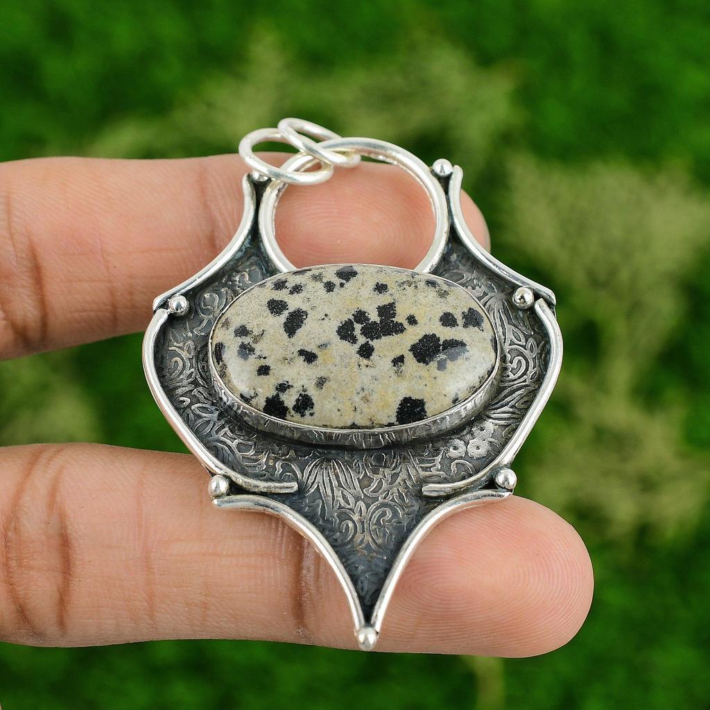 Daughters Day Sale Dalmatian Jasper Stone Sterling Silver Artisan Boho Pendant