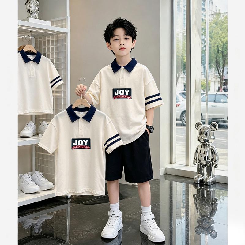 Boys' Cotton Polo T-Shirt Set - Summer 2026, Letter Color Block, Short-Sleeved, for Older Kids