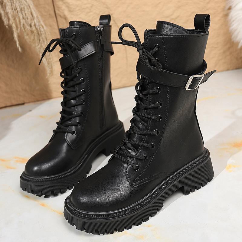 Fashion Fashion Buckle Platform Mid Calf Boots Women Lace Up Punk Motorcycle Boots Woman Autumn Winter Thick Sole Pu Leather Botas 35-42