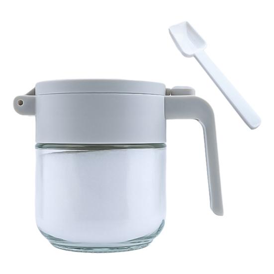 Glass Spice Jar with Airtight Lids Measuring Spoons 250ml Seasoning Bottle for Salt Sugar Seasonings Press-Type One-Hand Open Moisture-Proof Condiment
