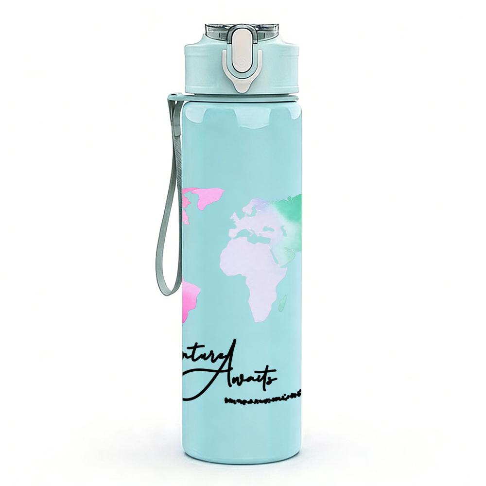 1PC Travel Plane World Globe Art 750ml Color Plastic Sports Water Bottle Leakproof Flip Straw Lid Suitable for Sports Office Home Use