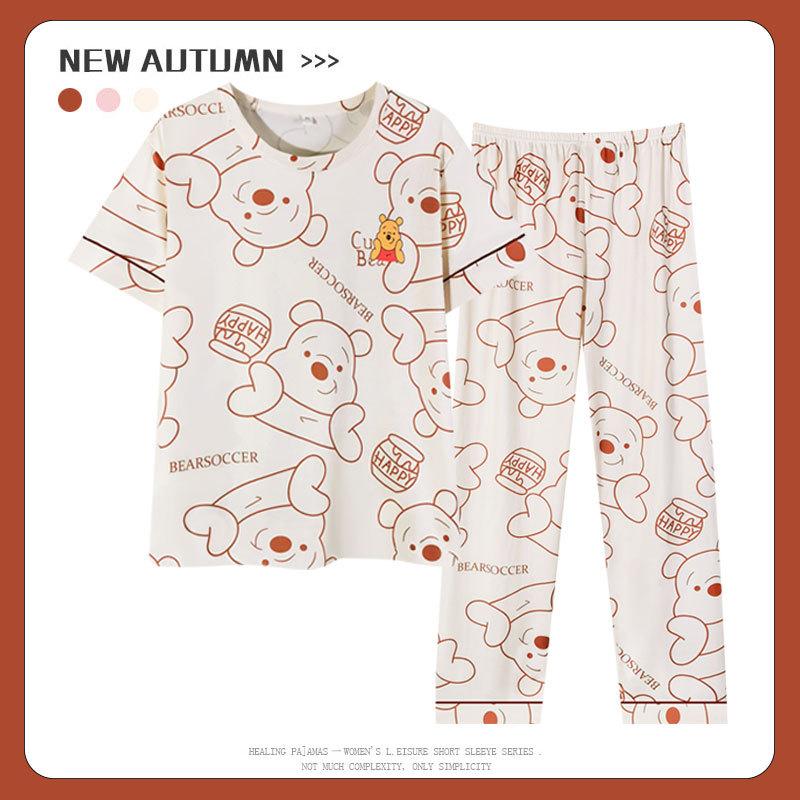 Spring and autumn summer pure cotton pajamas women's short-sleeved trousers round neck pullover cartoon bear imitation cotton women's loungewear suit