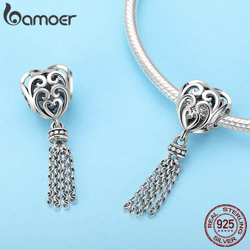 BAMOER 925 Sterling Silver Dream Catcher Openwork Heart with Long Tassel Pendant Beads Fit Women Bracelets Necklaces DIY Jewelry