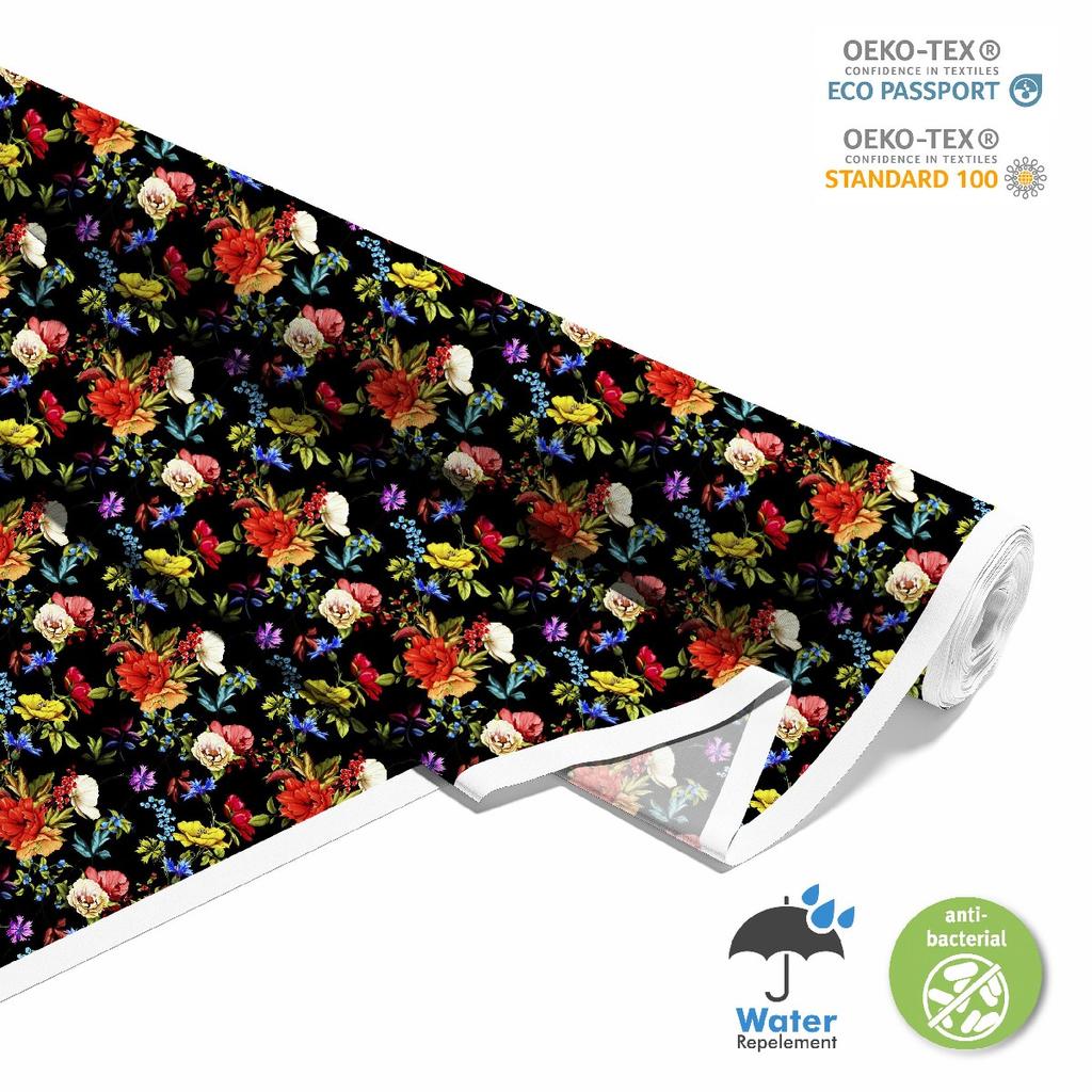 Outdoor Dekostoffe Oxford - Motiv Blumen Gemalt Auf Schwarzem Hintergrund I Dx171