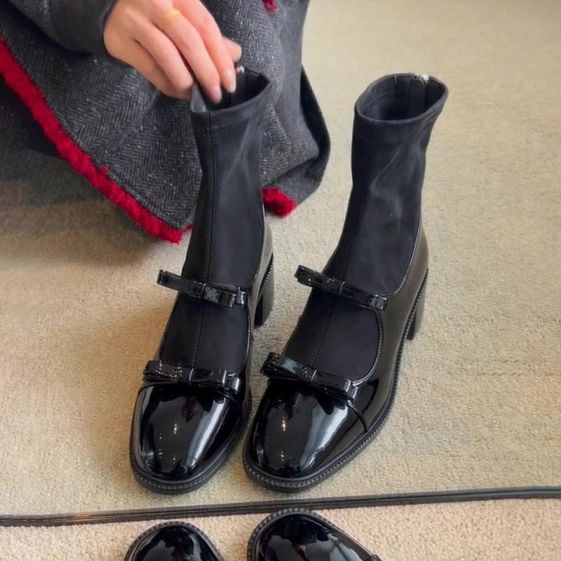 

Версия из овчины~ Кожаные эластичные тонкие ботильоны с бантом и молнией сзади, на толстом каблуке, короткие ботильоны, на высоком каблуке, ботильоны-носки 40