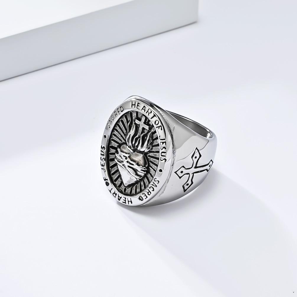 Retro Hip Hop Titanium Steel Cross Ring for Men Unique Heart Cross Design Fashion Hand Jewelry Accessory
