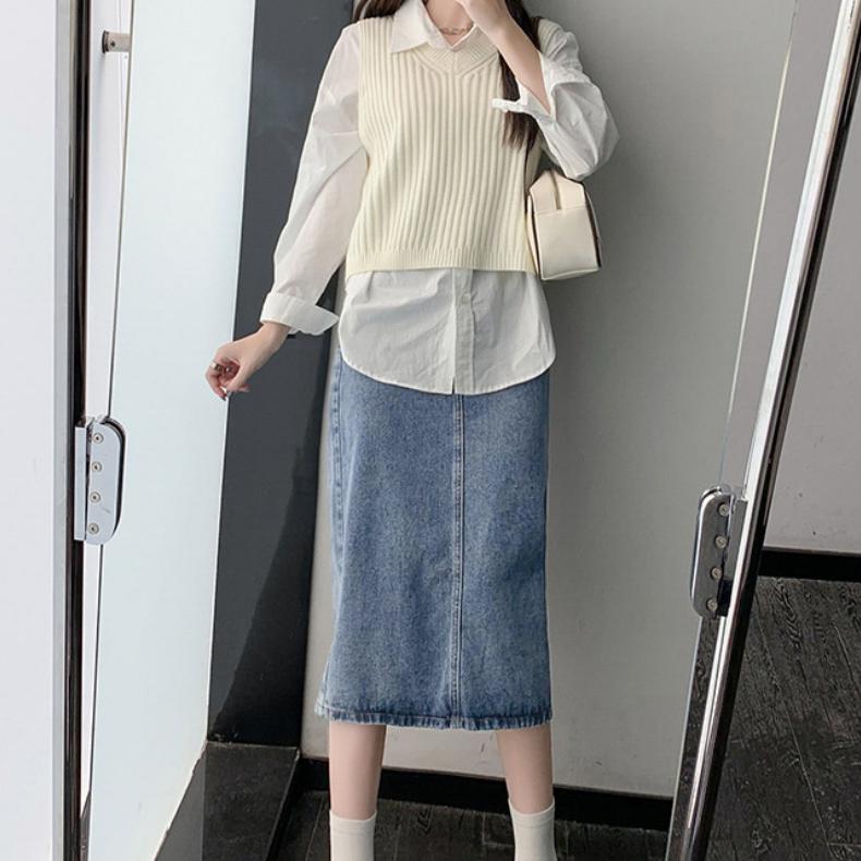 High Waist Casual Loose Denim Skirt Spring and Summer Mid-length Slit A-line Fashion Korean Version Chic and Elegant Woman Skirt