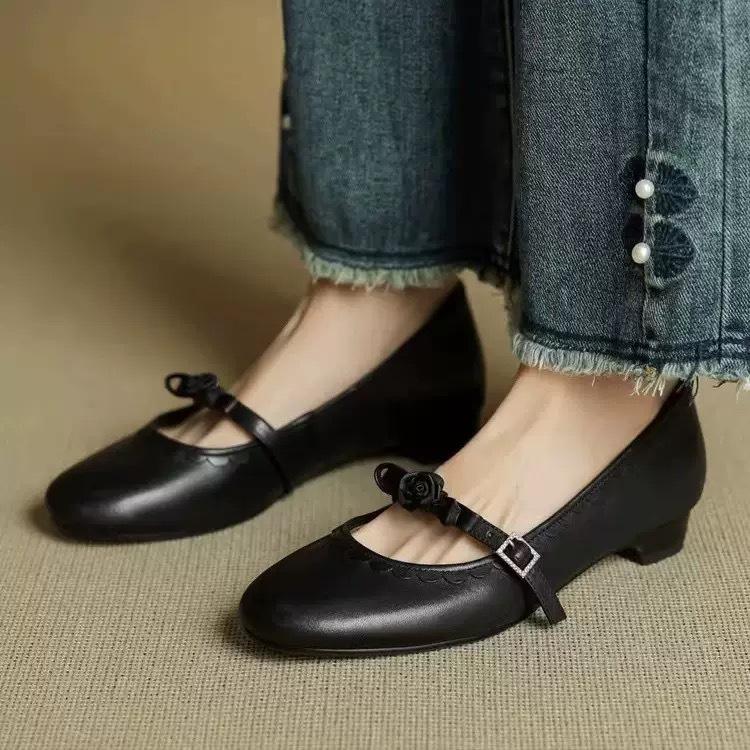 Sheepskin~ French Retro Leather Shoes Round Head Single Shoes Women's Word with Bow Flower Shallow Mouth Mary Jane Shoes
