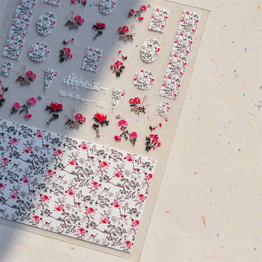 Camellia Flower Blooming Petal Floral Blue Leaves Chinese Characters Poetry Golden 5D Nail Art Sticker Adhesive Manicure Decal