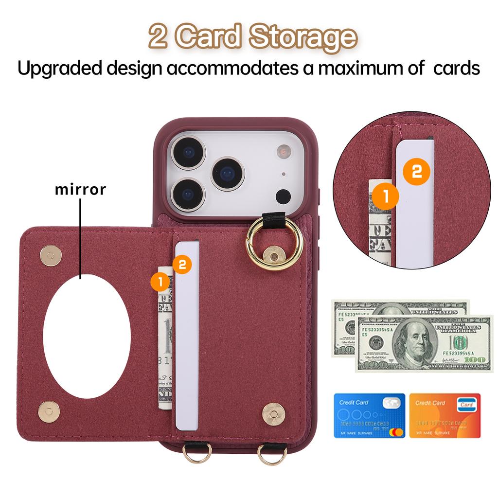 Crossbody Long Lanyard Lychee-patterned Grid Card Holder Phone Case For iPhone 17 Pro Max 16 Plus 15 14 13 12 11 Portable Cover