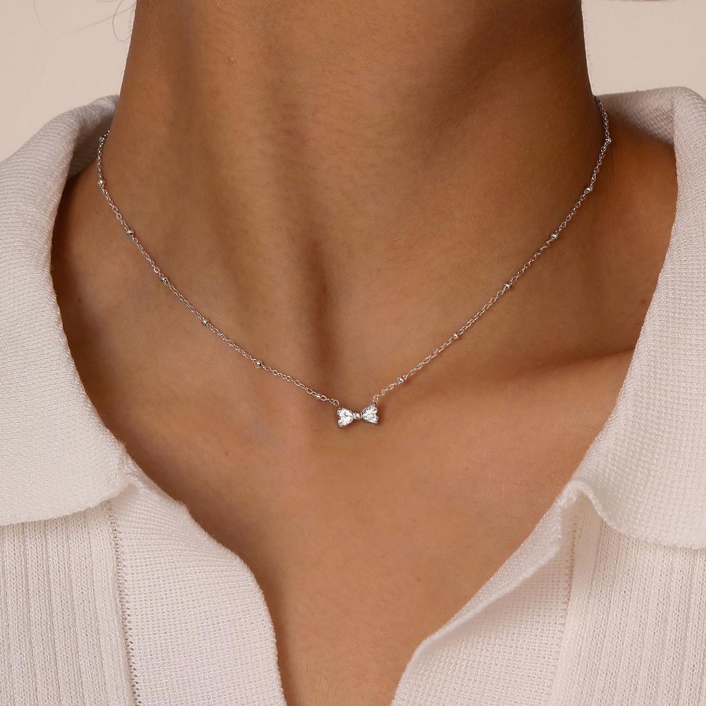 Stainless Steel Bead Chain Zircon Bow Necklace,Brilliant Cubic Zirconia Bow Pendant Necklace for Bridal Wedding Accessories