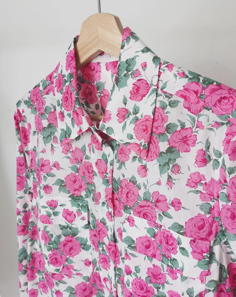 Retro Caroline Rose Print Cotton Long Sleeve Women's Shirt with Double Pockets