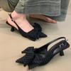 High Heels Women's Striped Bow Gray Temperament Pointed Kitten Heel Temperament Sexy White Low Heel Bag Head Sandals