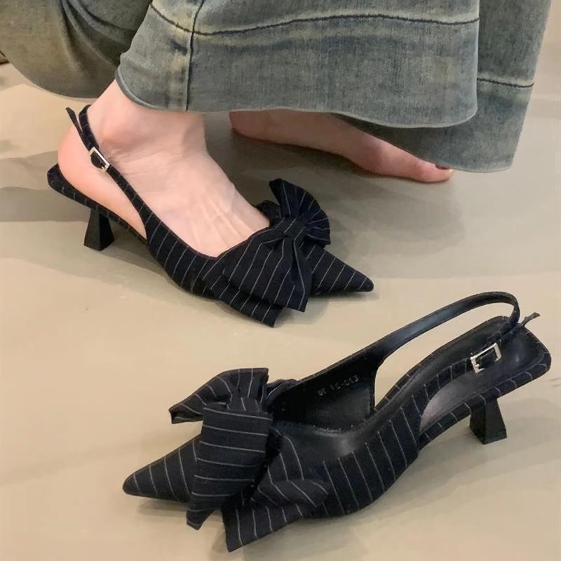 High Heels Women's Striped Bow Gray Temperament Pointed Kitten Heel Temperament Sexy White Low Heel Bag Head Sandals