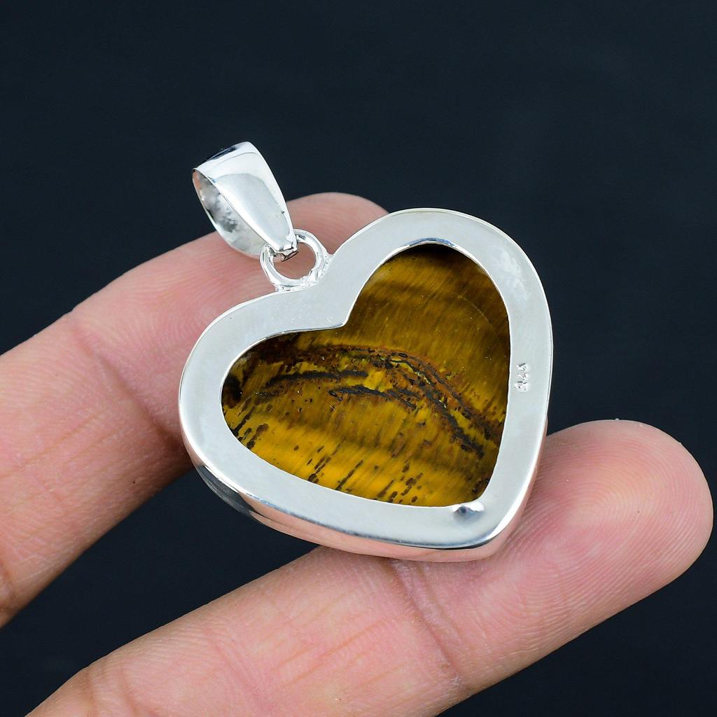 Naturlig hjärtformad tigeröga ädelstenshänge, 925 sterlingsilver, hängesmycke, handgjort silverhänge smycke för gåva, påskgåva