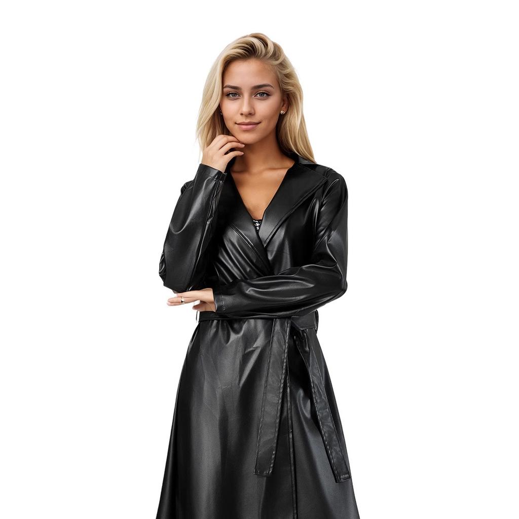 Women'S Extended Bathrobe Style Leather Trench Coat, Spring Autumn Wrinkle-Resistant Fashion Long Faux Leather Outerwear