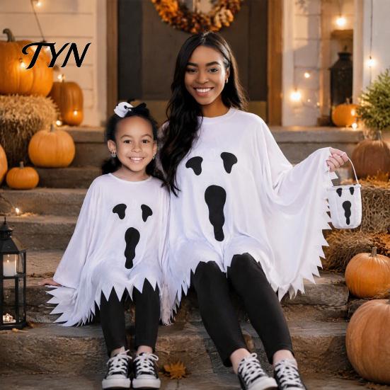 Durable Ghost Outfit for Halloween Decoration Poncho Costume Kids Adults, Spooky White Cloak Soft Friendly Dress Kindergarten Performance with
