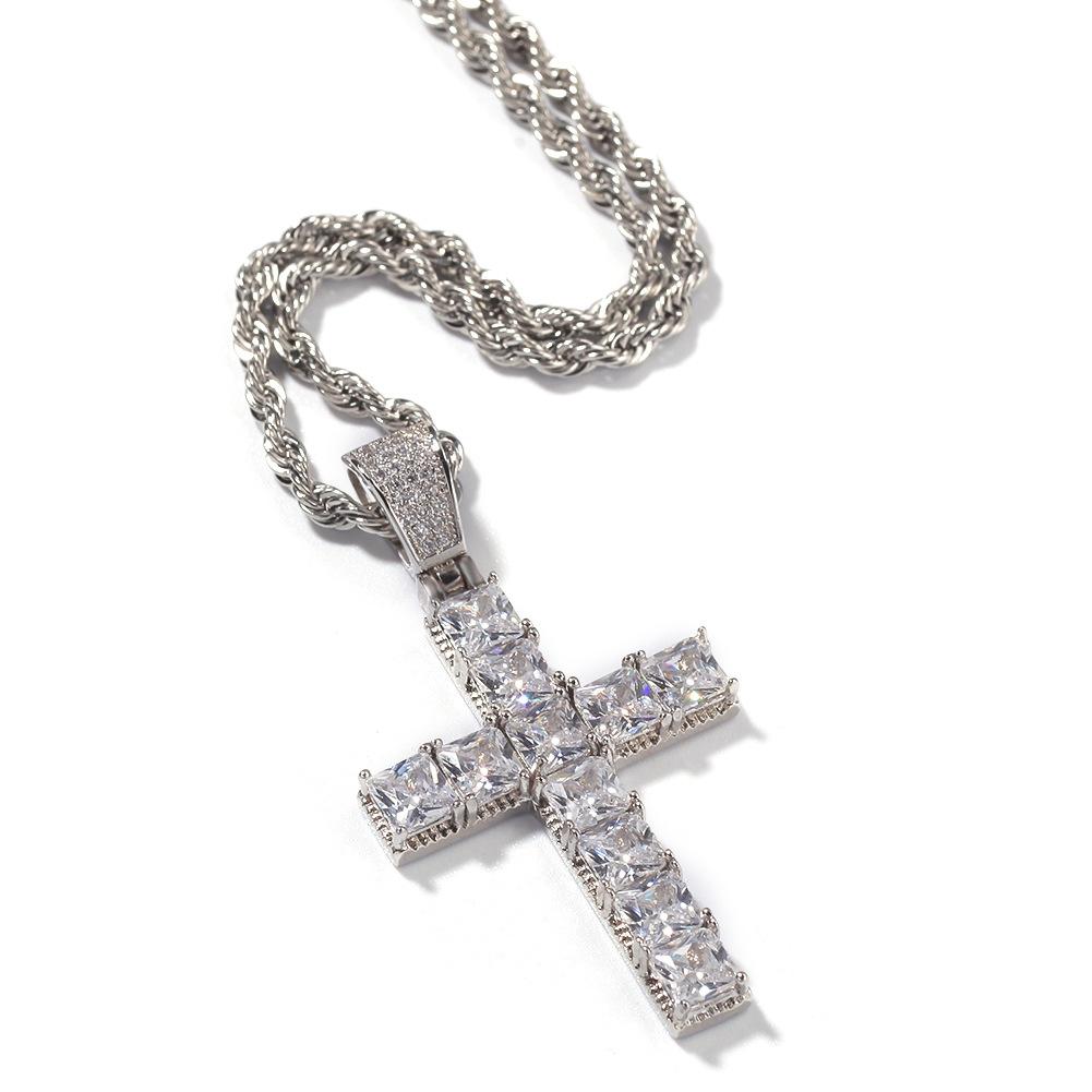 Hip Hop Square Zircon Cross Necklace Punk Personality Male and Female Couple Pendant Accessories