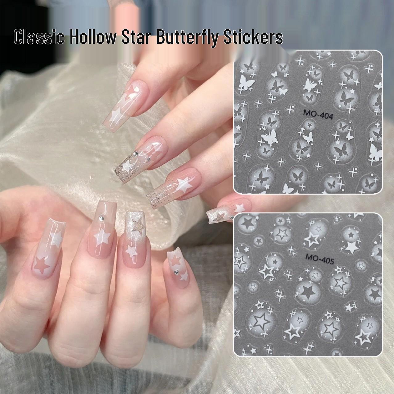 

Белые Омбре Звездные Взрывы Любовь Наклейки для Нейл-Арта - Полупрозрачные, Без Напыления, Клейкая Сетка Hollow Butterfly MO404