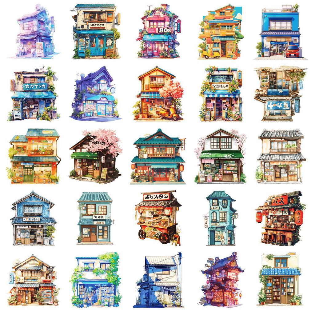 50 Japanese Style Building Series Hand Account Material Decoration Collage Base Sticker Cartoon Hand-painted Graffiti Waterproof Decoration
