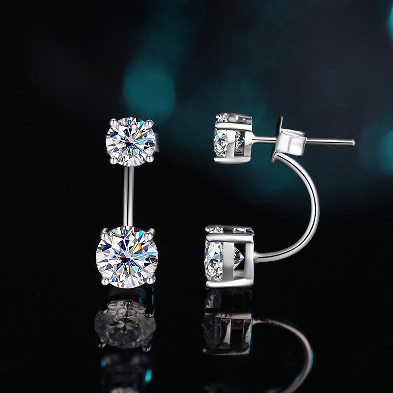 925 Sterling Silver Moissanite Four-Prong Stud Earrings with Eight Hearts and Arrows Design - European and American Style.