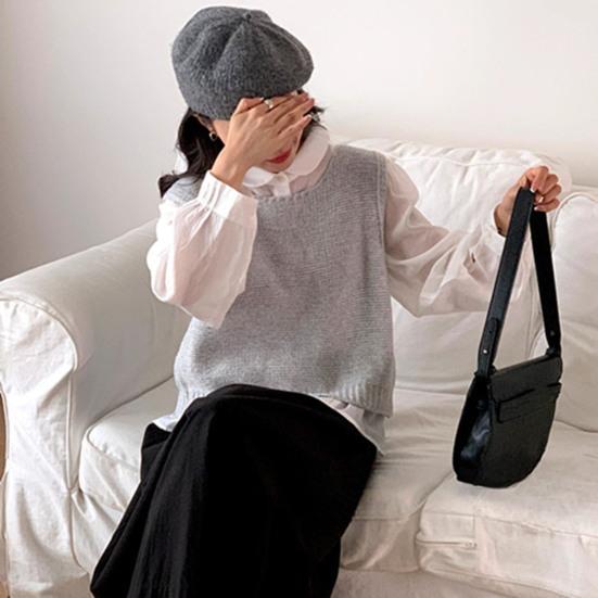 Women Knitted Vest Round Neck Sleeveless Crop Tank Back Bow Tie Decor Hollow Back Solid Color Sweater Vest