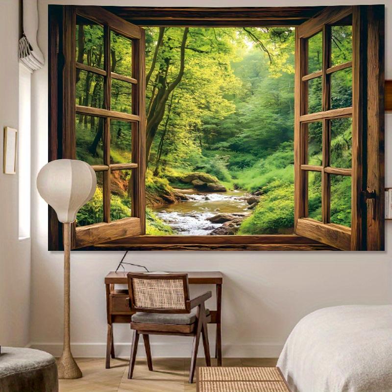 Forest Stream Window Tapestry Nature Wall Art Decor Relaxing Scenic View Home Living Room Bedroom Background 2D Flat Print