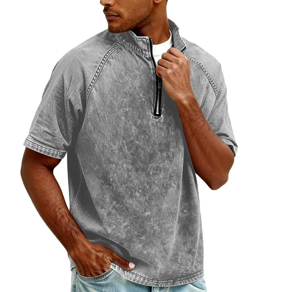 Men's Zipper Stand-up Collar Short-sleeved Distressed Washed Crewneck Casual Shirt
