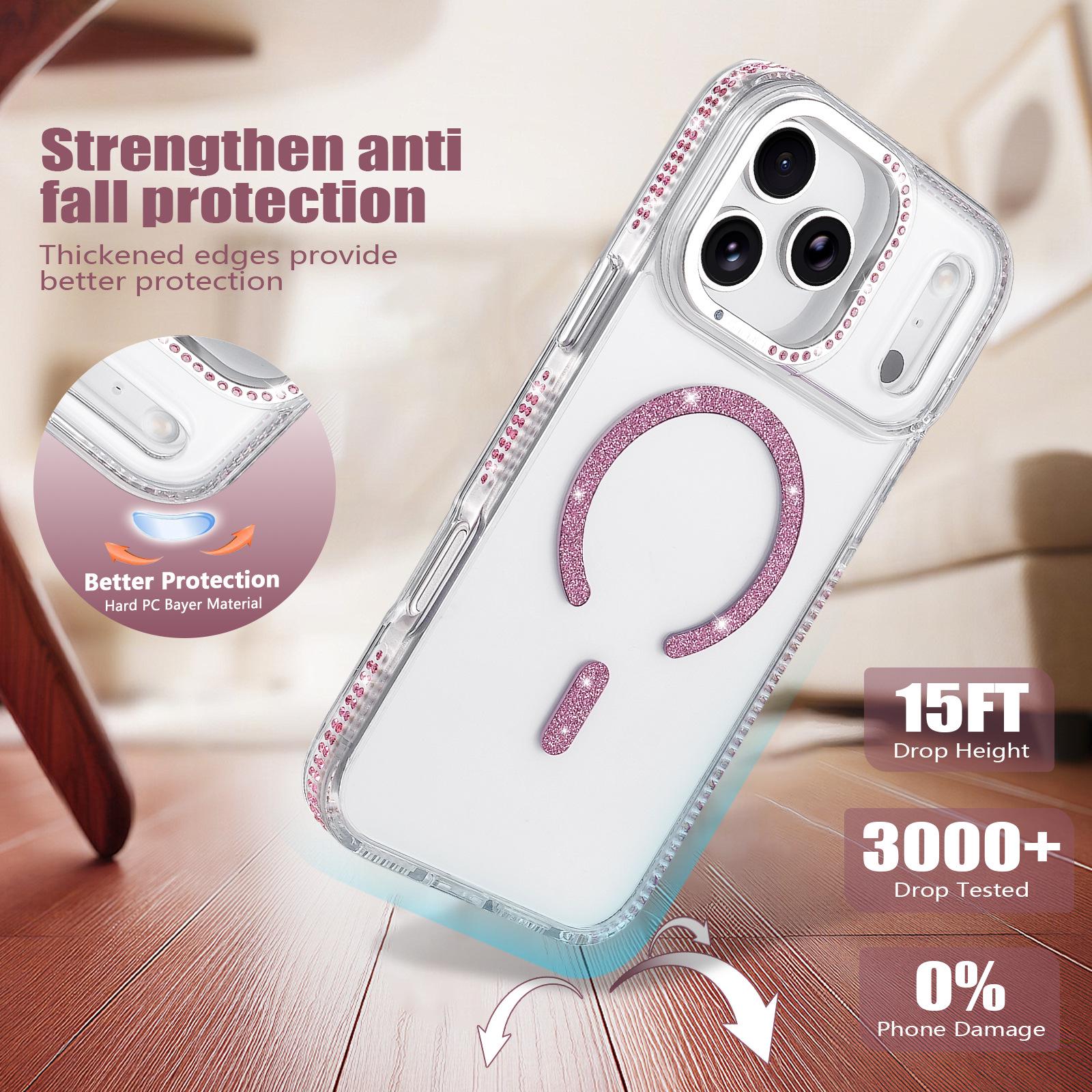 

Compatible iPhone 17 Pro Max Transparent Glitter Phone Case with Rhinestones, Full Coverage, Anti-Collision Protection. 15 Pro