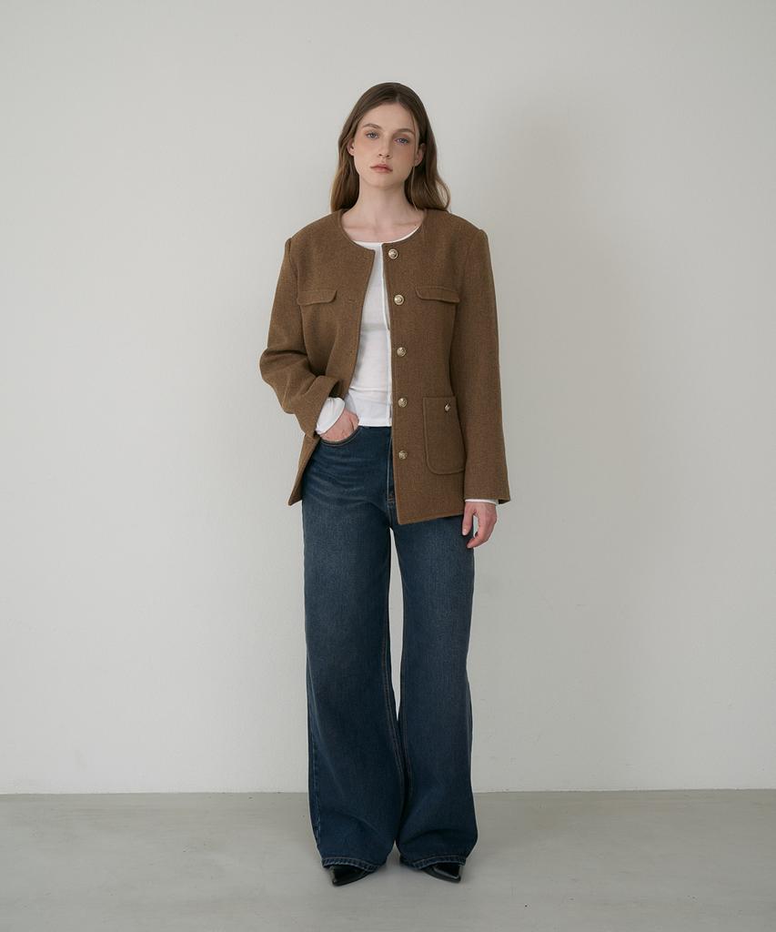 DEHEVE Classic Wool Collarless Jacket [Brown]