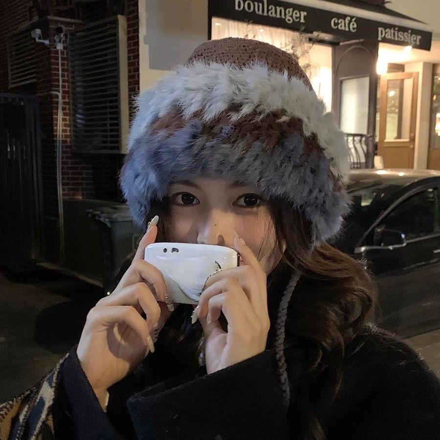 Rabbit Fur Knitted Hat Women's Autumn and Winter Splicing Warm Wool Hat Cold-proof Cover Foreign Gas Plush Ear Protection Head Hat