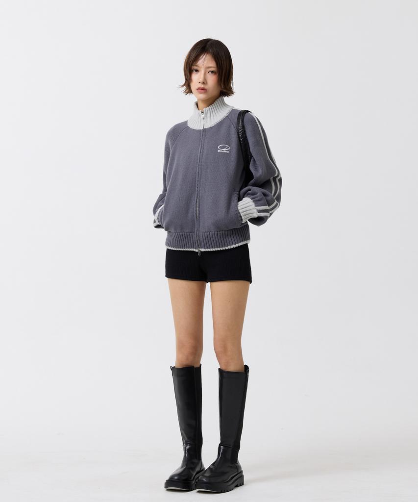 ODDSTUDIO Sporty Track Semi-Crop Knit Zip-Up - Gray
