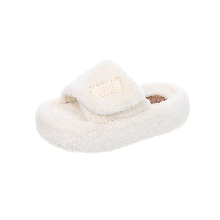 European muffin thick-soled fluffy shoes for women's 2025 autumn and winter new fashionable versatile open-toed cotton slippers one-word drag