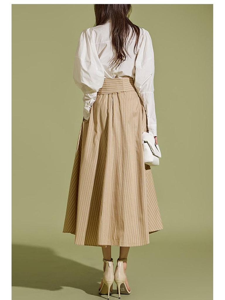 Women's Striped Irregular Midi Skirt, 2025 Spring/Autumn Collection, High Waist Tie A-Line.