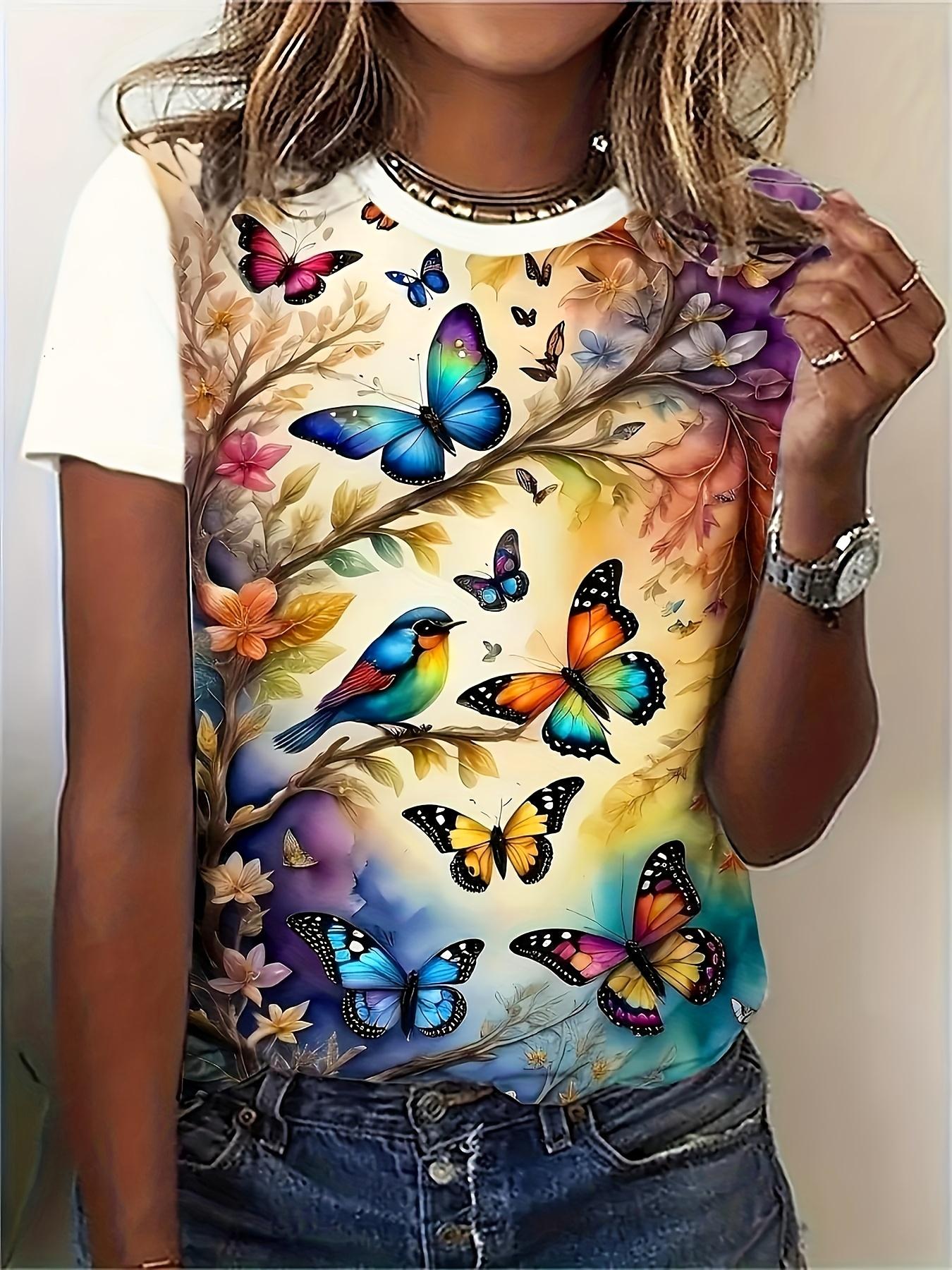 

Blue Fantasy Women s Tee - Glowing Butterfly Graphic, Vibrant Iridescent Print Design for Casual Daily Wear XL