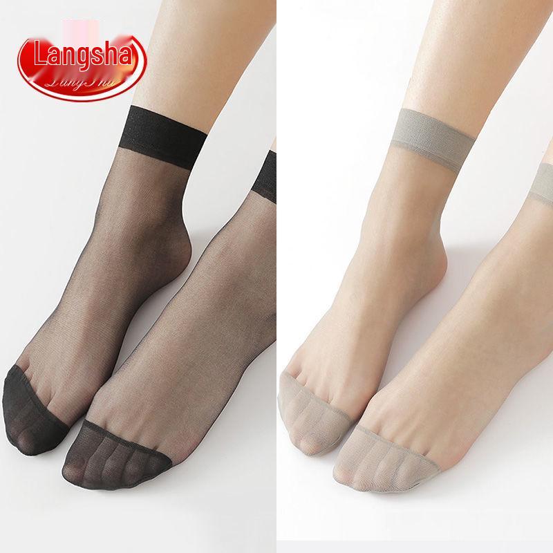 Langsha Crystal Women's Ultra-Thin Transparent Mid-Calf Stockings - Durable Black & Nude Short Socks for Summer.