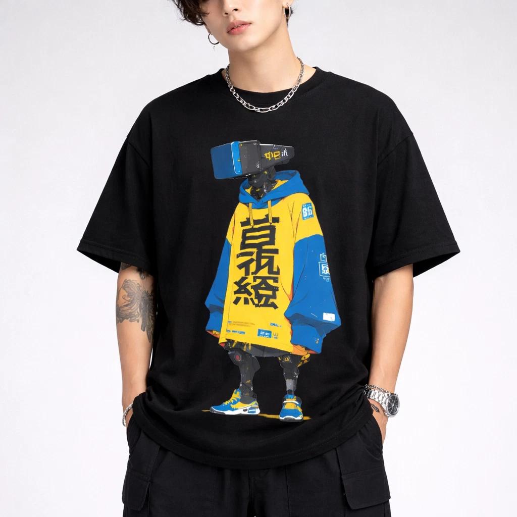 Cyberpunk Robot Anime TShirt Streetwear Graphic Tee Techwear Oversized Unisex 2XL