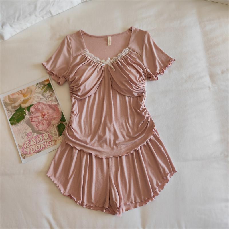 Women's Modal Pajama Set: Summer Short Sleeve & Long Pants with Chest Pad